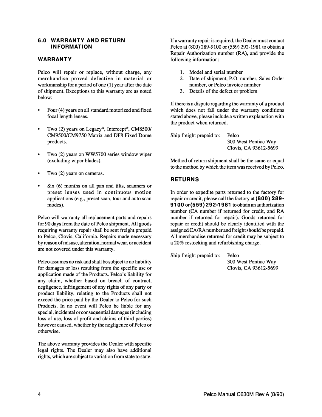 Pelco EA2010 operation manual 6.0WARRANTY AND RETURN INFORMATION WARRANTY, Returns 