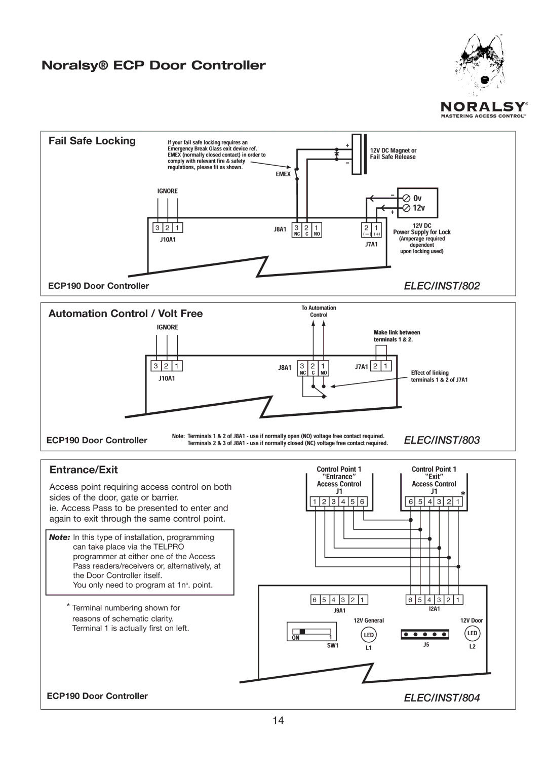 Pelco ECP290 manual Noralsy ECP Door Controller, ECP190 Door Controller 