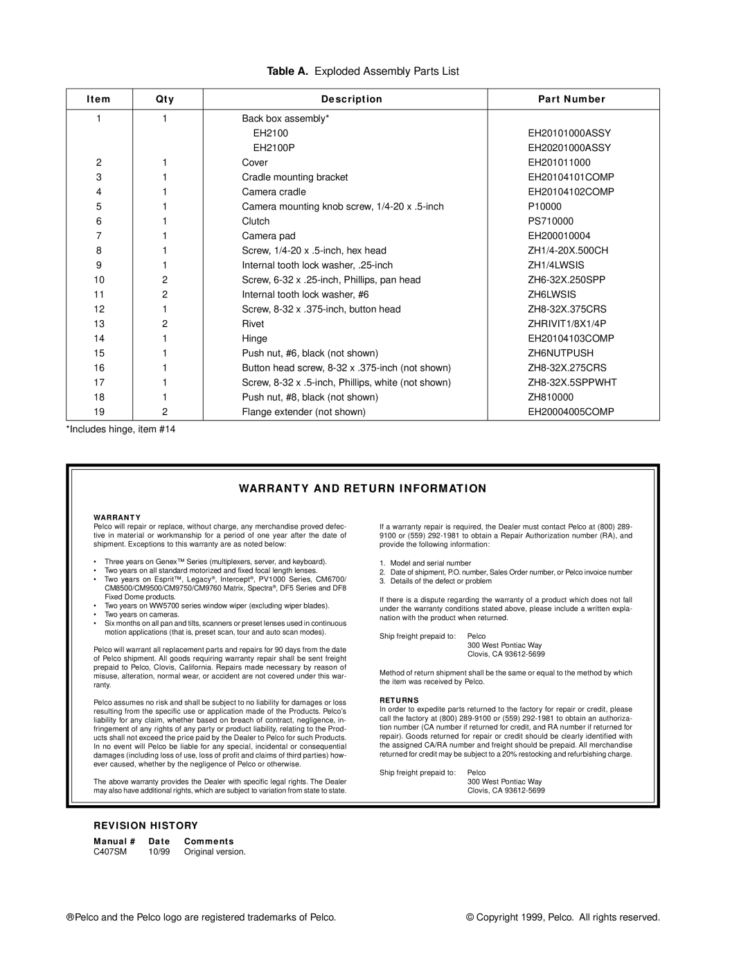 Pelco EH2100P service manual Warranty and Return Information 