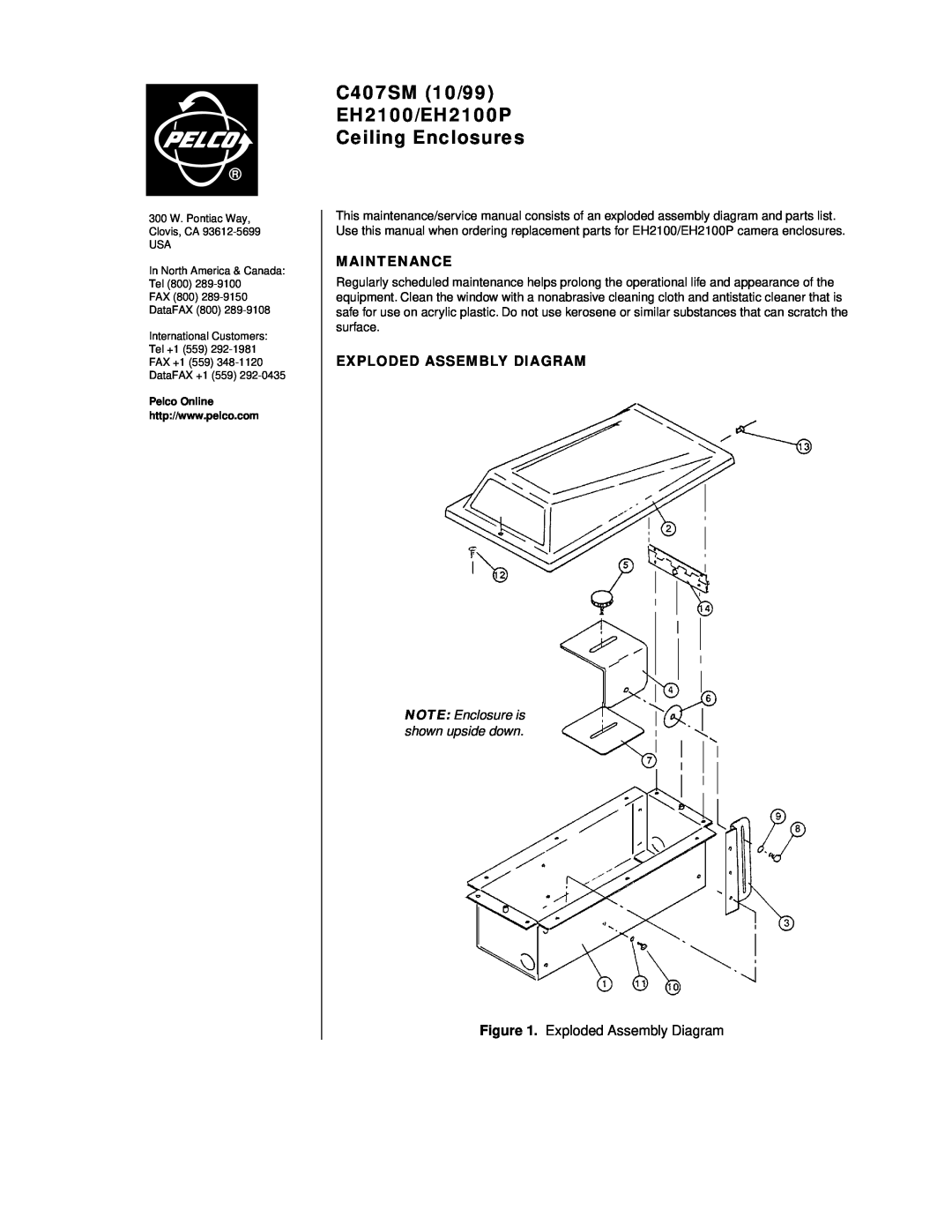 Pelco service manual Maintenance, Exploded Assembly Diagram, C407SM 10/99 EH2100/EH2100P Ceiling Enclosures 