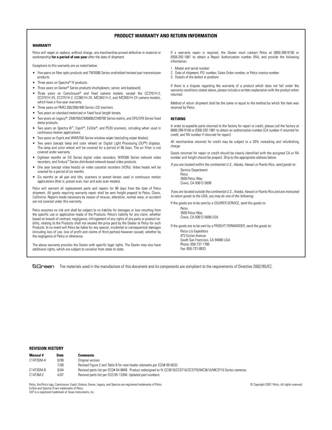 Pelco EH2500 manual Product Warranty and Return Information 