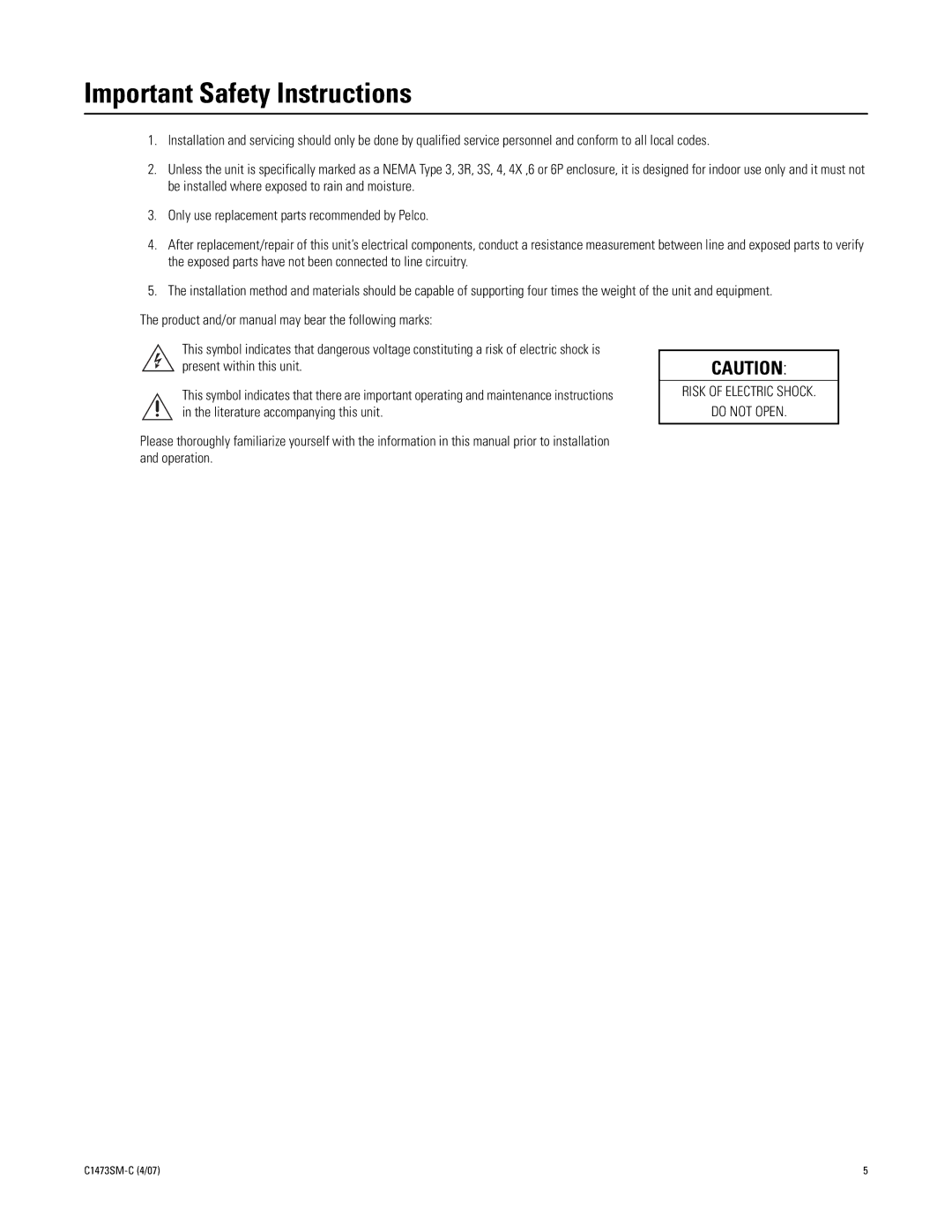 Pelco EH2500 manual Important Safety Instructions 