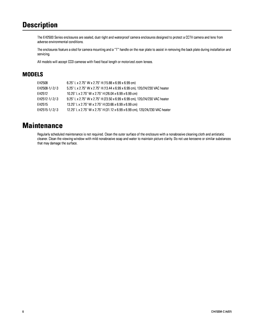 Pelco EH2500 manual Description, Maintenance, Models 