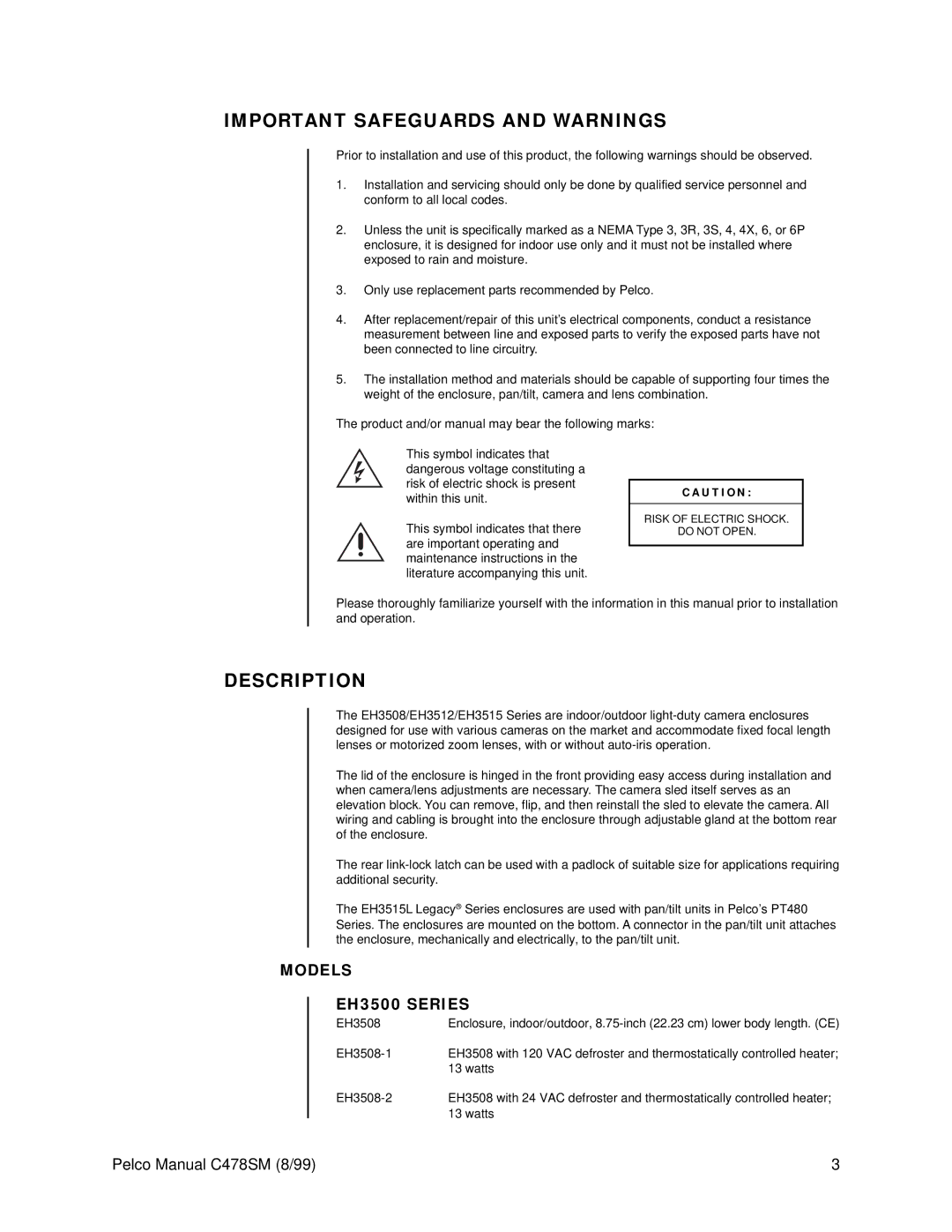 Pelco service manual Important Safeguards and Warnings, Description, Models EH3500 Series 