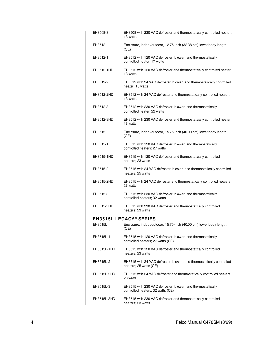 Pelco EH3500 service manual EH3515L Legacy Series 