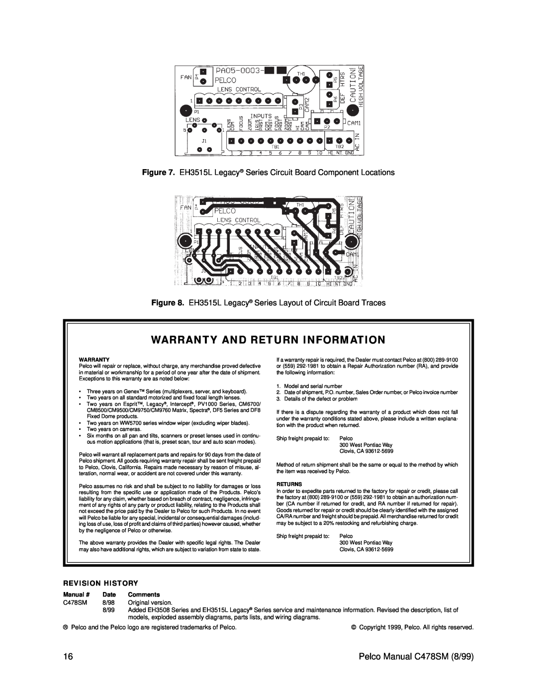Pelco EH3500 service manual Warranty And Return Information, Pelco Manual C478SM 8/99 
