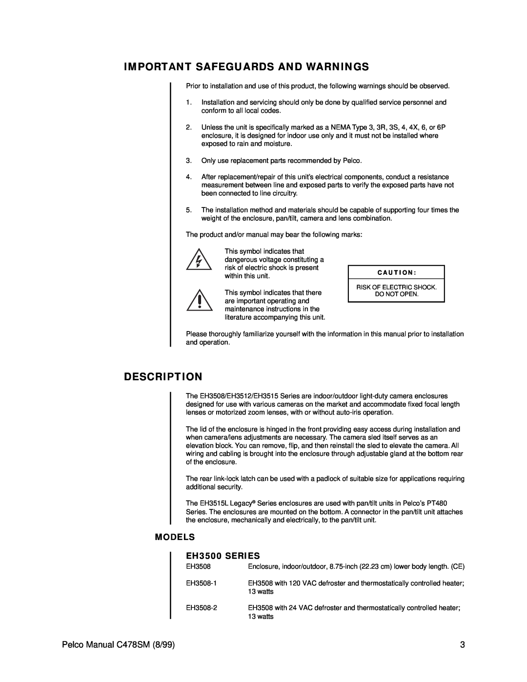 Pelco service manual Important Safeguards And Warnings, Description, MODELS EH3500 SERIES, Pelco Manual C478SM 8/99 