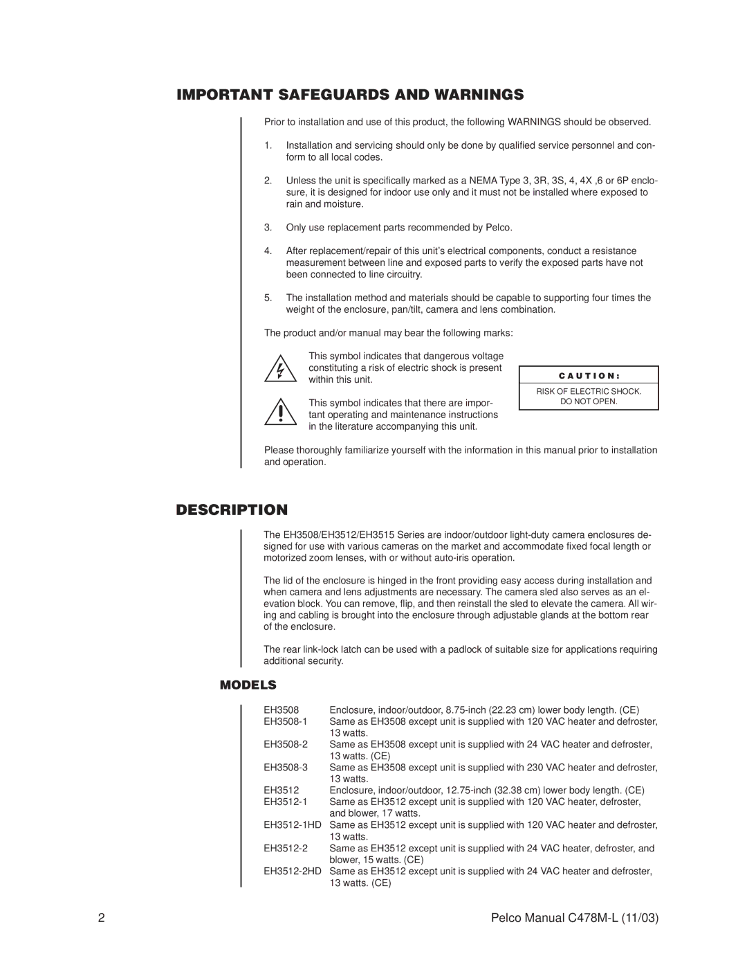 Pelco EH3512, EH3515 operation manual Important Safeguards and Warnings, Description 