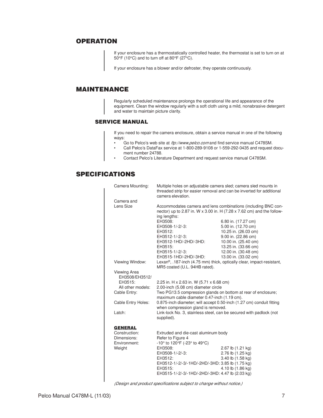 Pelco EH3515, EH3512 operation manual Operation, Maintenance, Specifications, Camera elevation Lens Size, General 