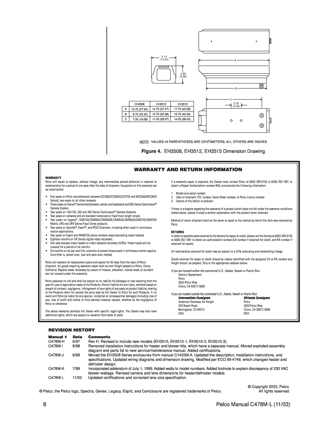 Pelco EH3512, EH3515 operation manual Warranty And Return Information, Pelco Manual C478M-L11/03, Manual #, Date, Comments 