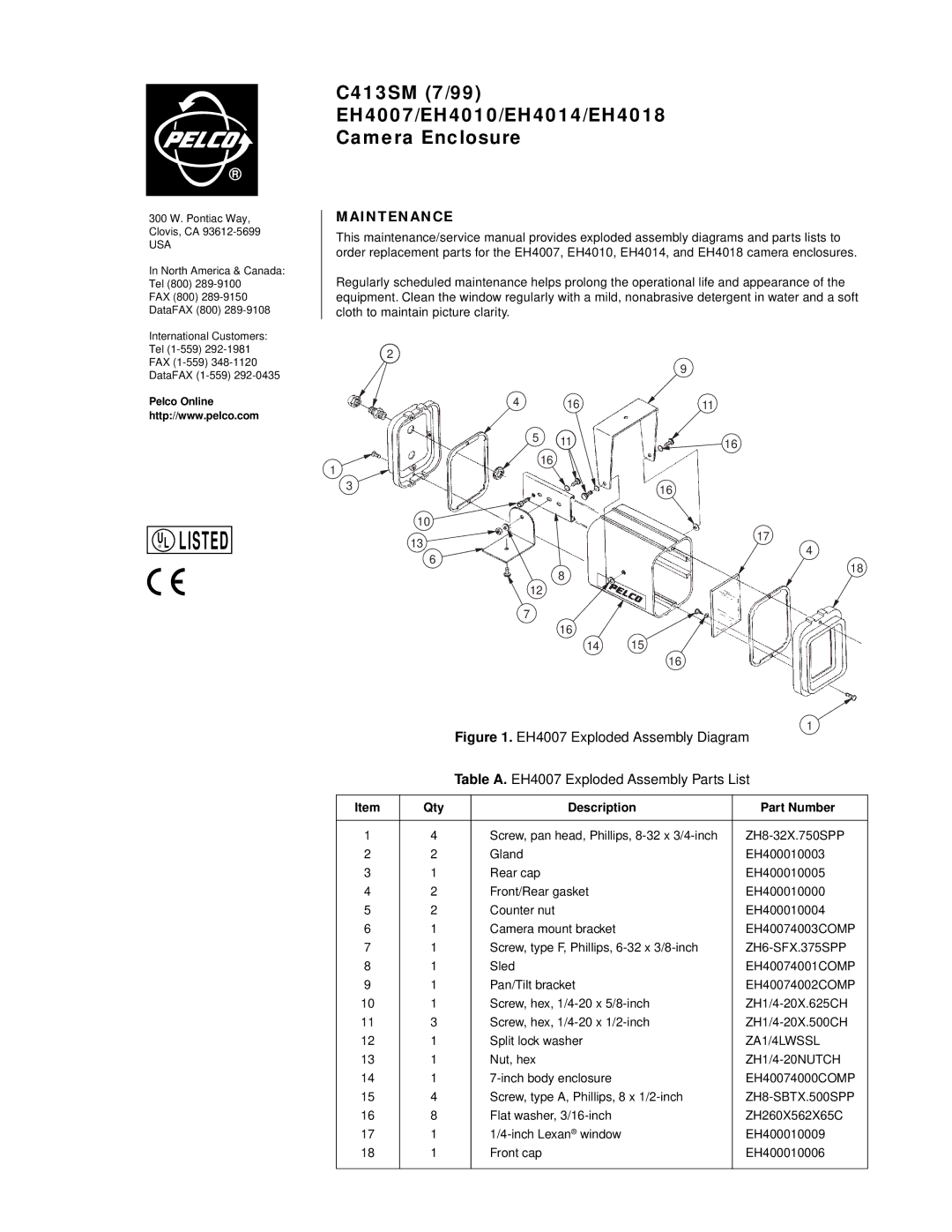 Pelco service manual Listed, C413SM 7/99 EH4007/EH4010/EH4014/EH4018 Camera Enclosure, Maintenance, Qty, Part Number 