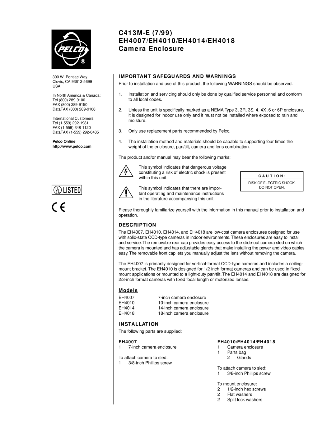 Pelco manual Important Safeguards and Warnings, Description, Models, Installation, EH4007 EH4010/EH4014/EH4018 