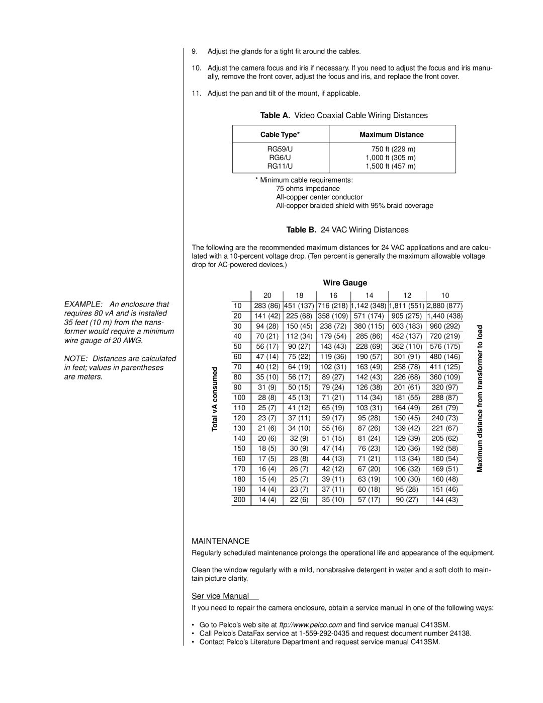 Pelco EH4014, EH4010, EH4018 manual Wire Gauge, Maintenance, Cable Type Maximum Distance, Load 