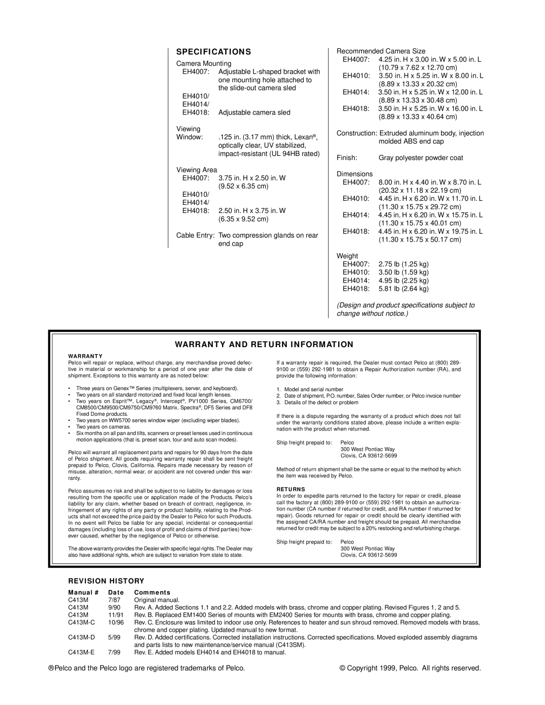 Pelco EH4010, EH4014, EH4018 manual Specifications, Warranty and Return Information 