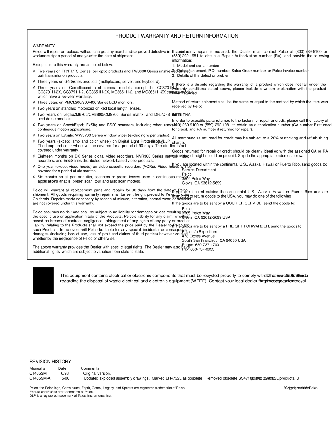 Pelco EH4700 Series manual Product Warranty and Return Information 