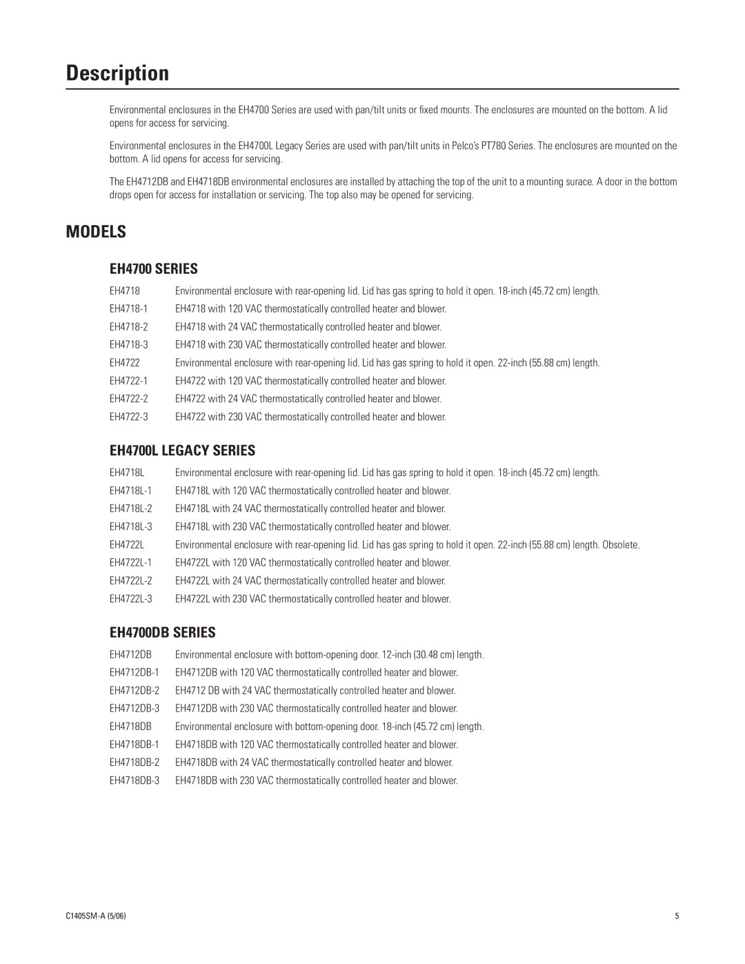 Pelco EH4700 Series manual Description, Models 