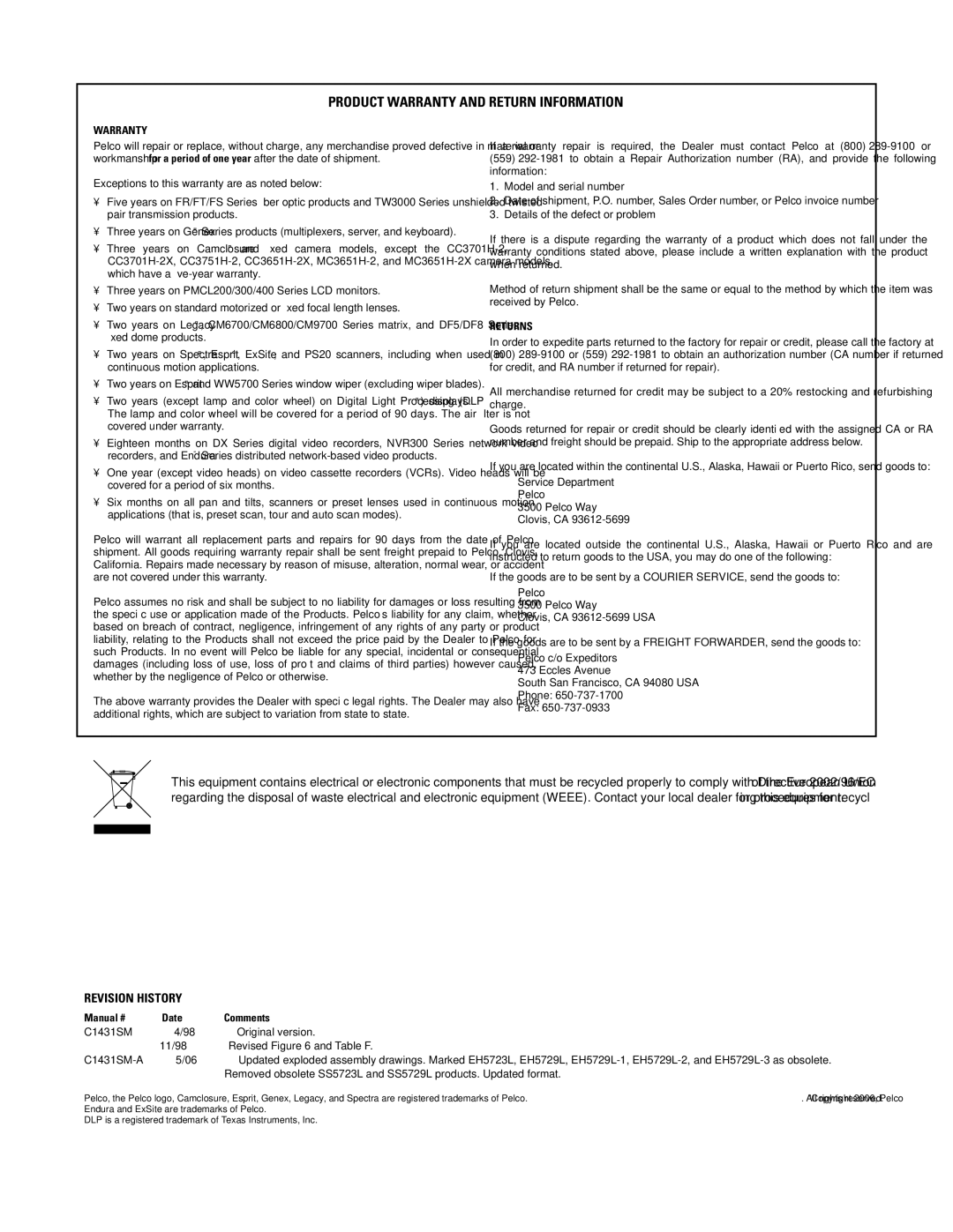 Pelco EH5700 Series manual Product Warranty and Return Information 