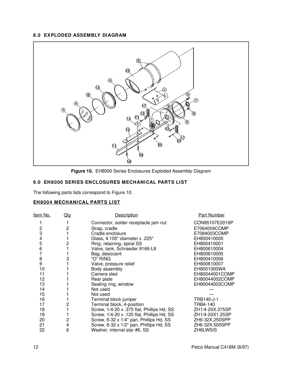 Pelco Exploded Assembly Diagram, EH8000 Series Enclosures Mechanical Parts List, EH8004 Mechanical Parts List 