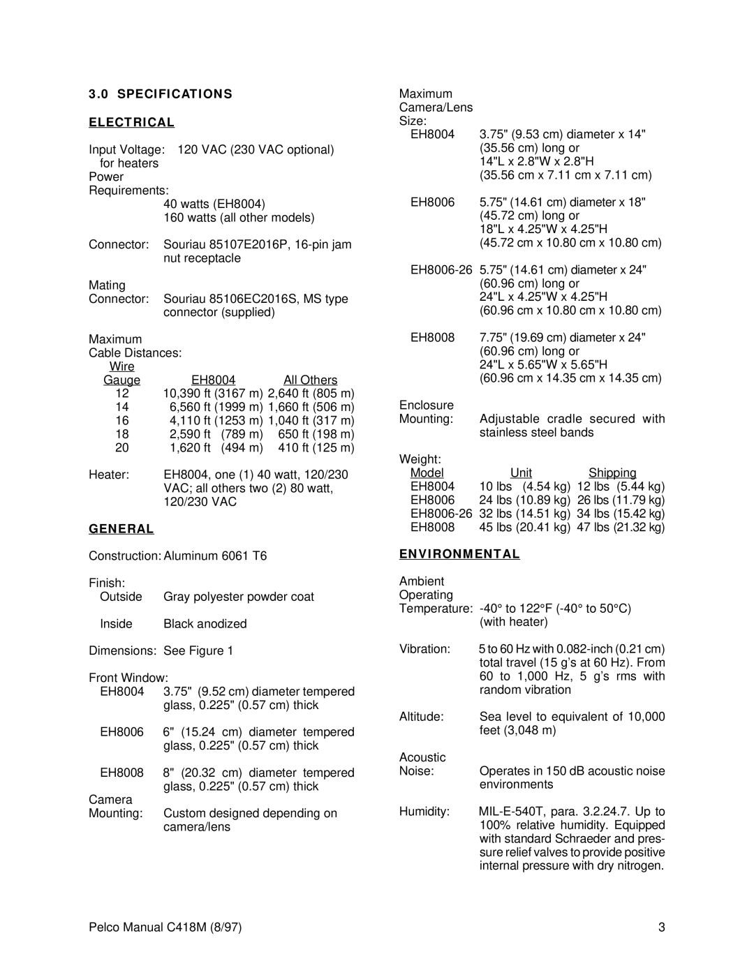 Pelco EH8000 operation manual Specifications Electrical, General, Environmental 