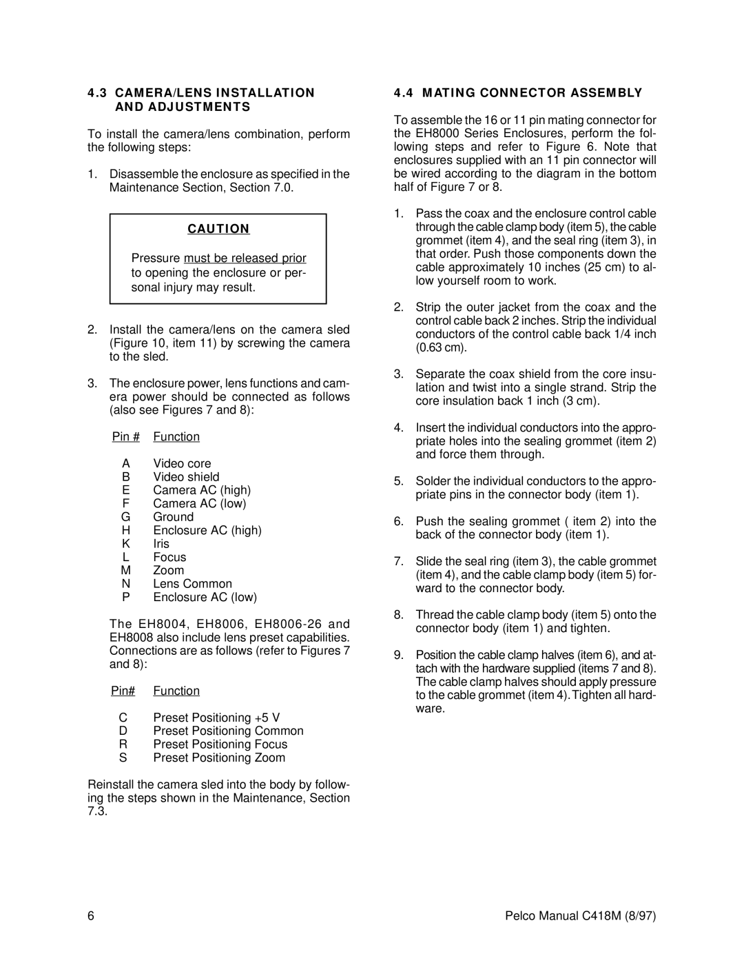 Pelco EH8000 operation manual CAMERA/LENS Installation and Adjustments, Mating Connector Assembly 