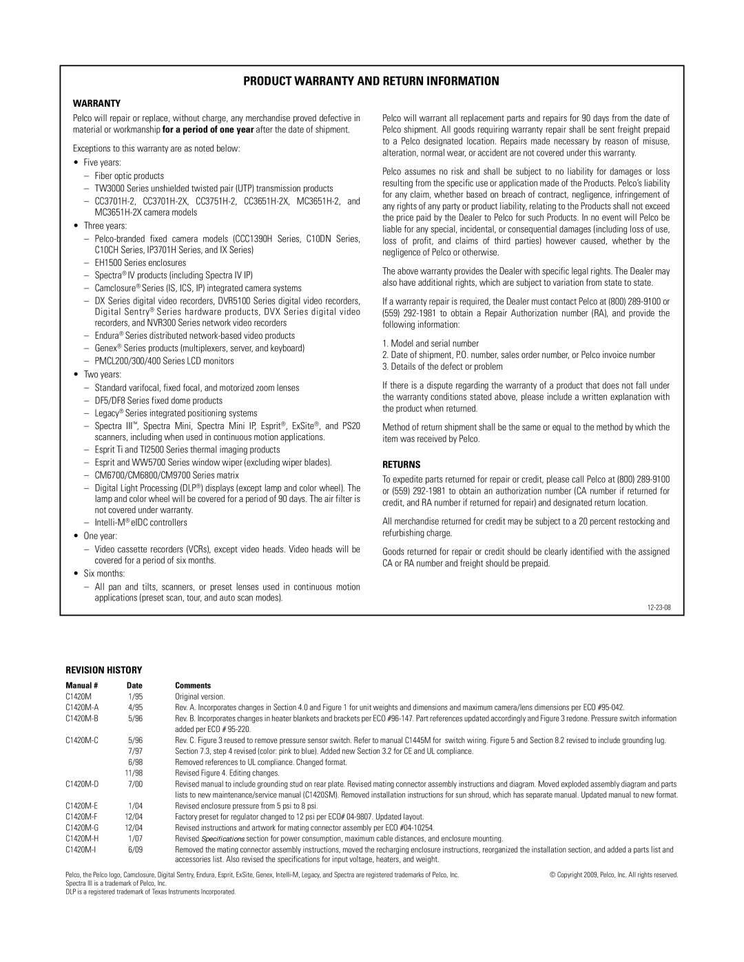 Pelco EH8106L Legacy manual Product Warranty and Return Information 