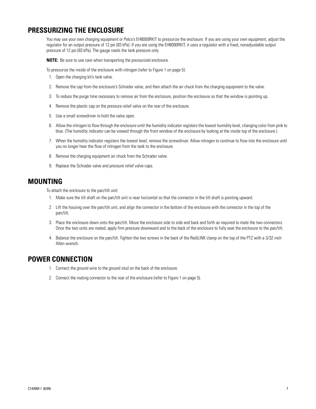 Pelco EH8106L Legacy manual Pressurizing the Enclosure, Mounting, Power Connection 