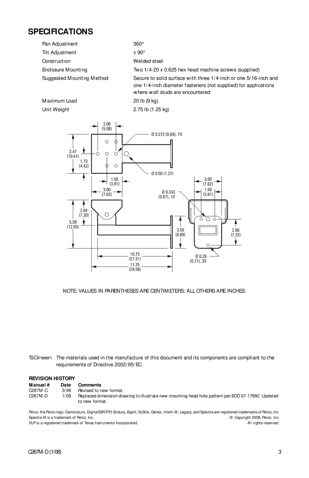 Pelco EM 2400 manual Specifications, Suggested Mounting Method 