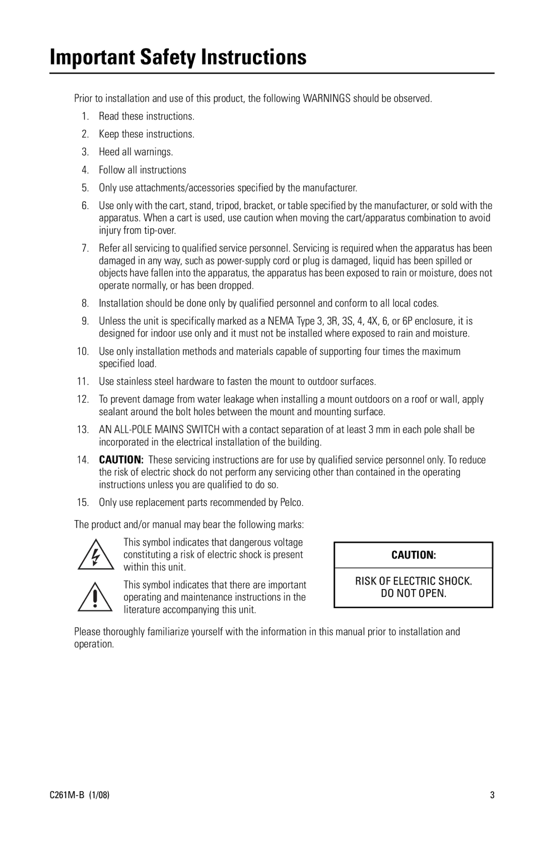 Pelco EM1450 manual Important Safety Instructions, Risk of Electric Shock Do not Open 