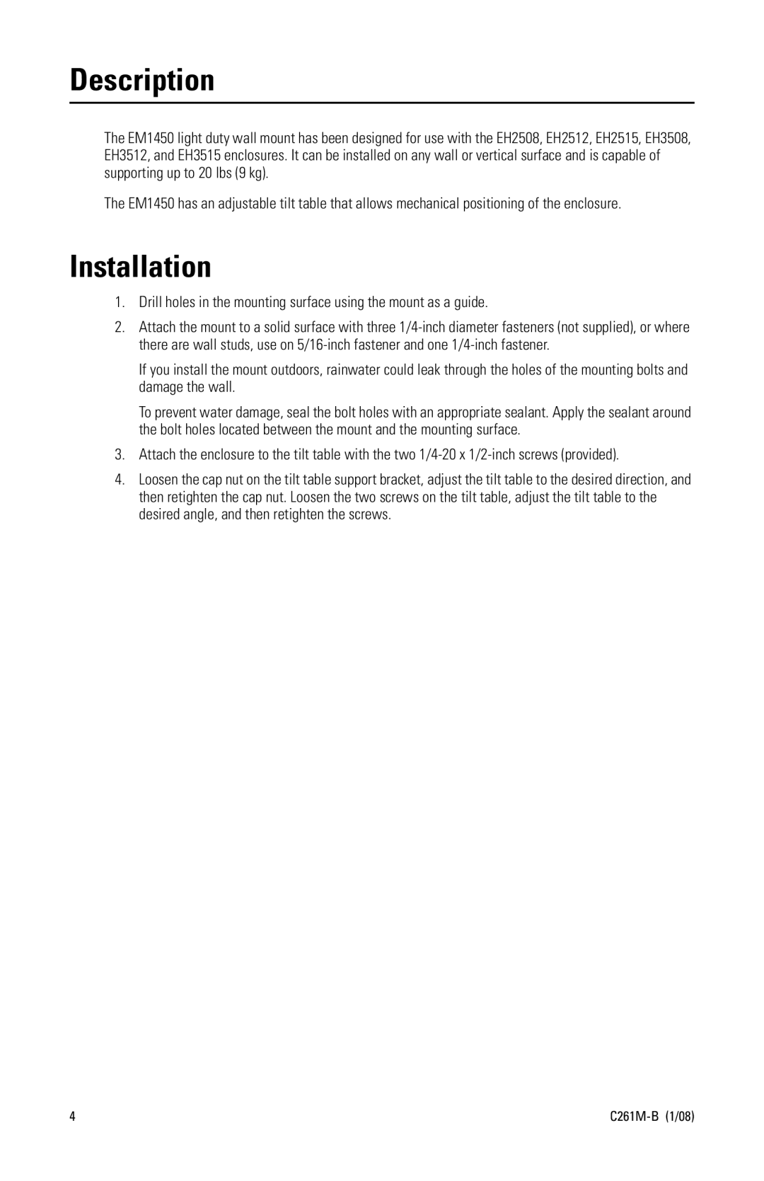 Pelco EM1450 manual Description, Installation 