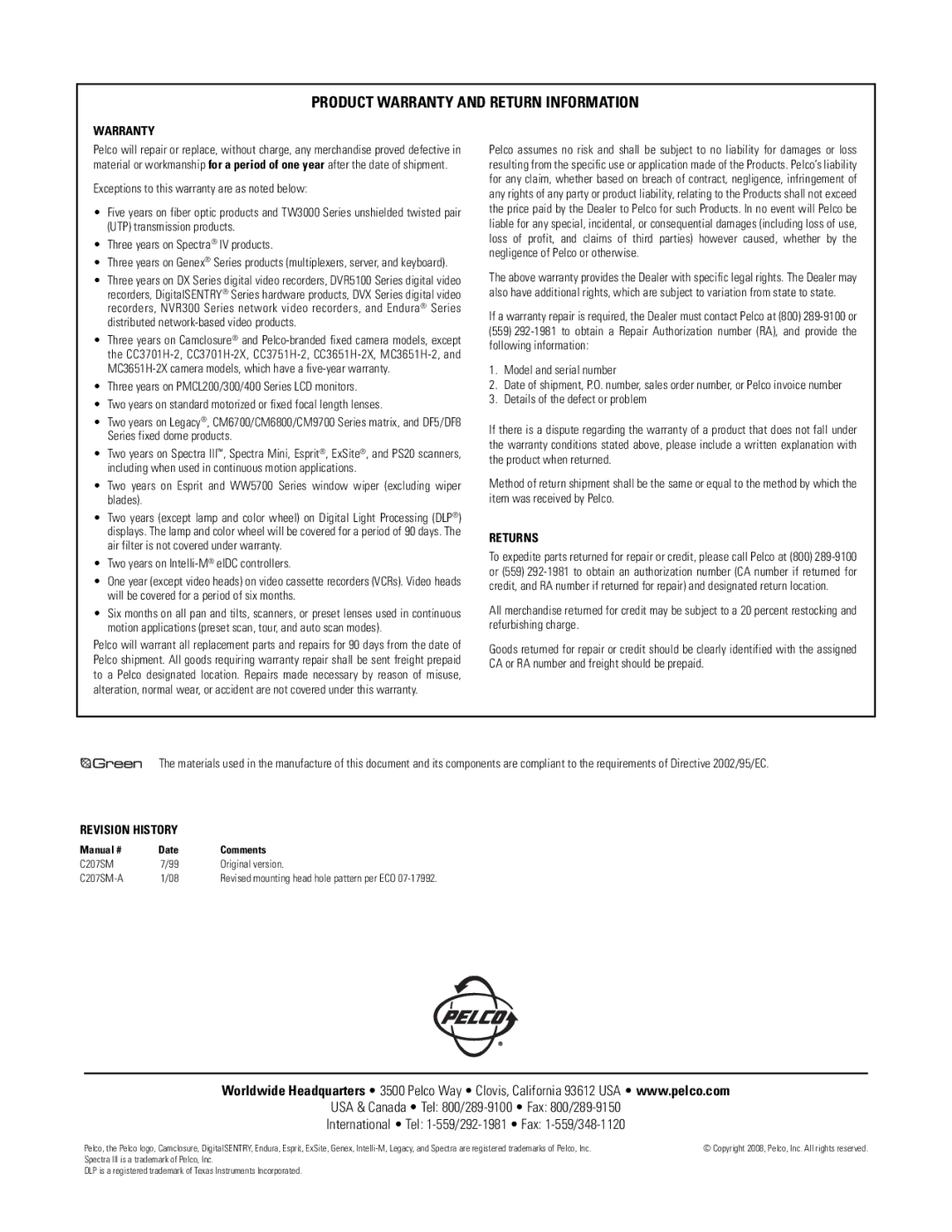 Pelco EM1109 Product Warranty and Return Information, Two years on Intelli-MeIDC controllers, Returns, Revision History 