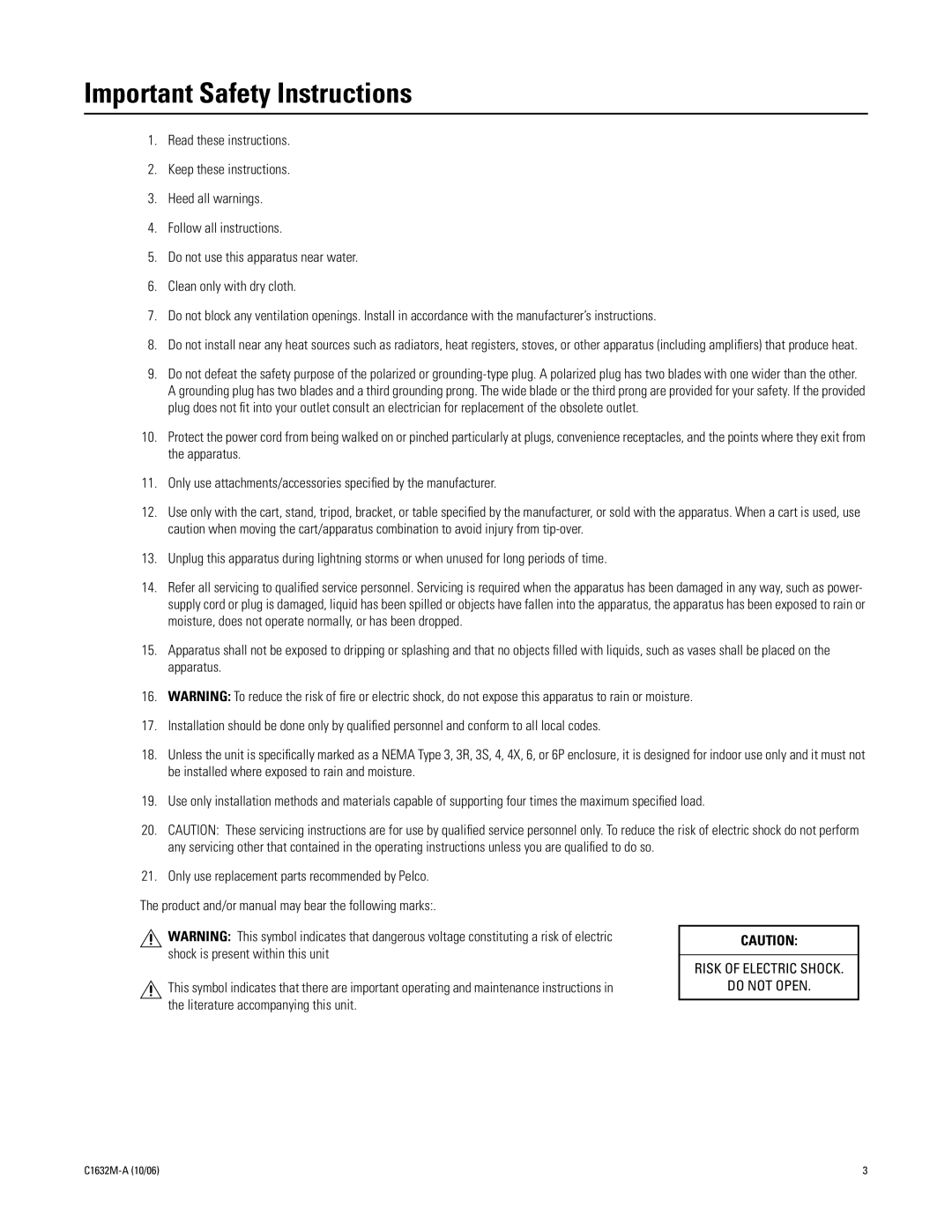 Pelco EPS5000-120 manual Important Safety Instructions 