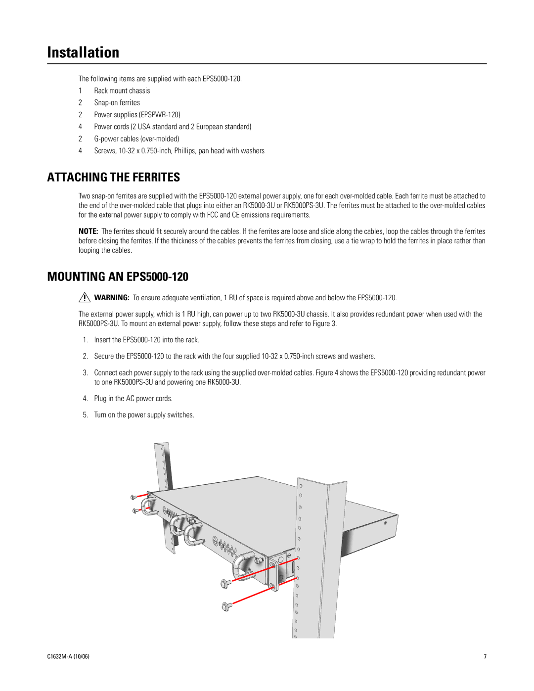 Pelco manual Installation, Attaching the Ferrites, Mounting AN EPS5000-120 