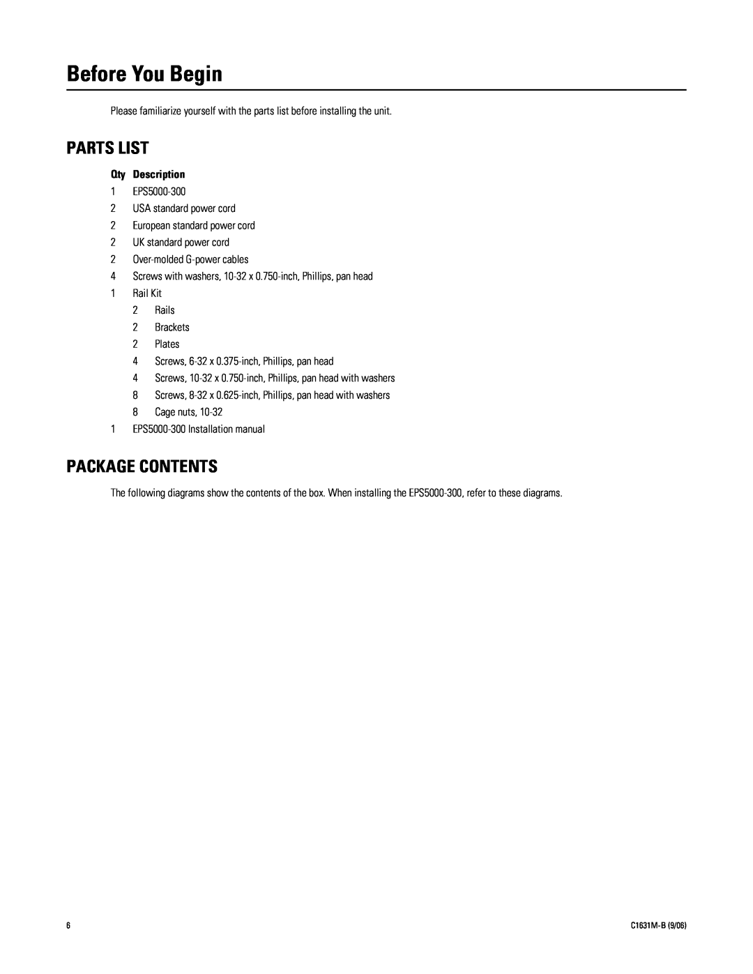 Pelco EPS5000-300 manual Before You Begin, Parts List, Package Contents, Qty Description 