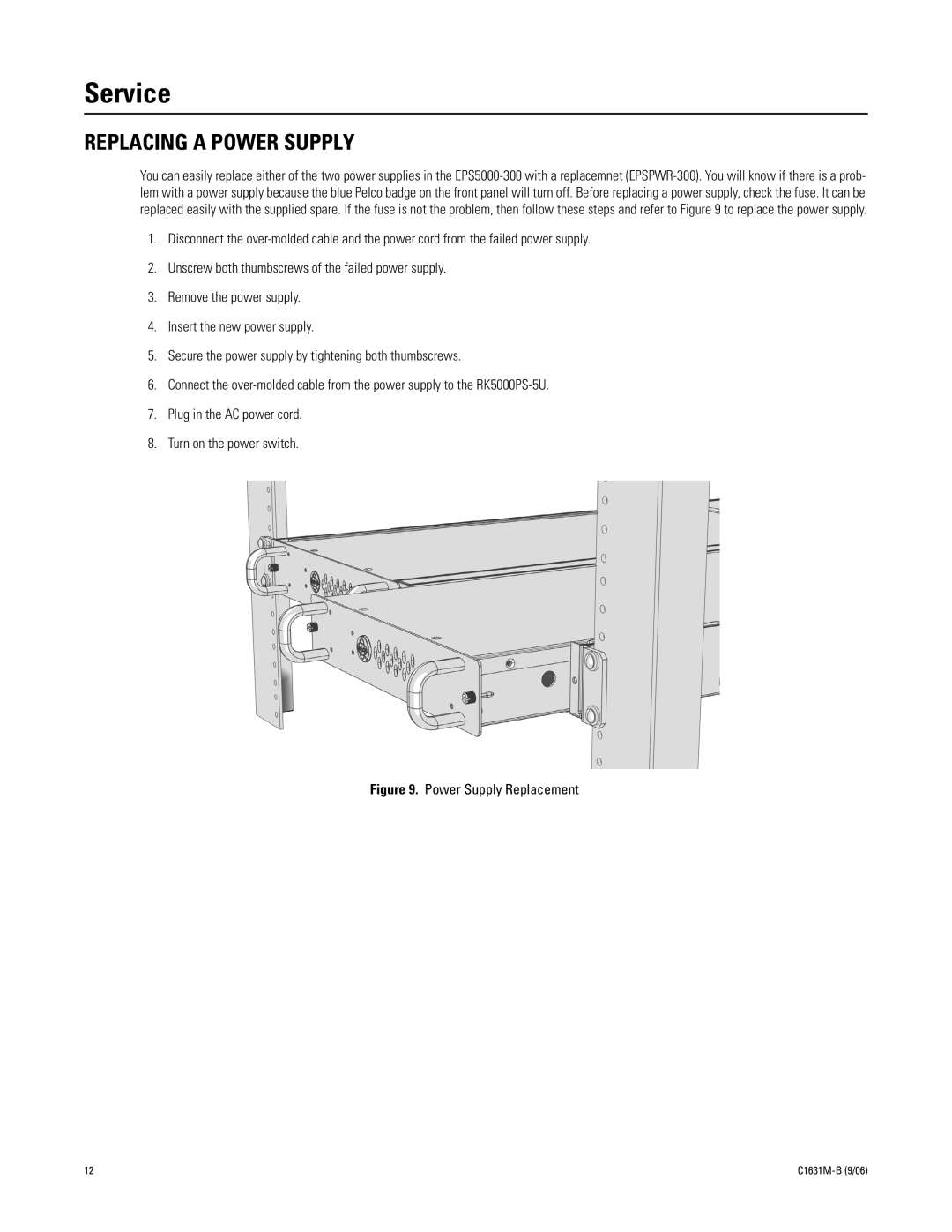 Pelco EPS5000-300 manual Service, Replacing a Power Supply 