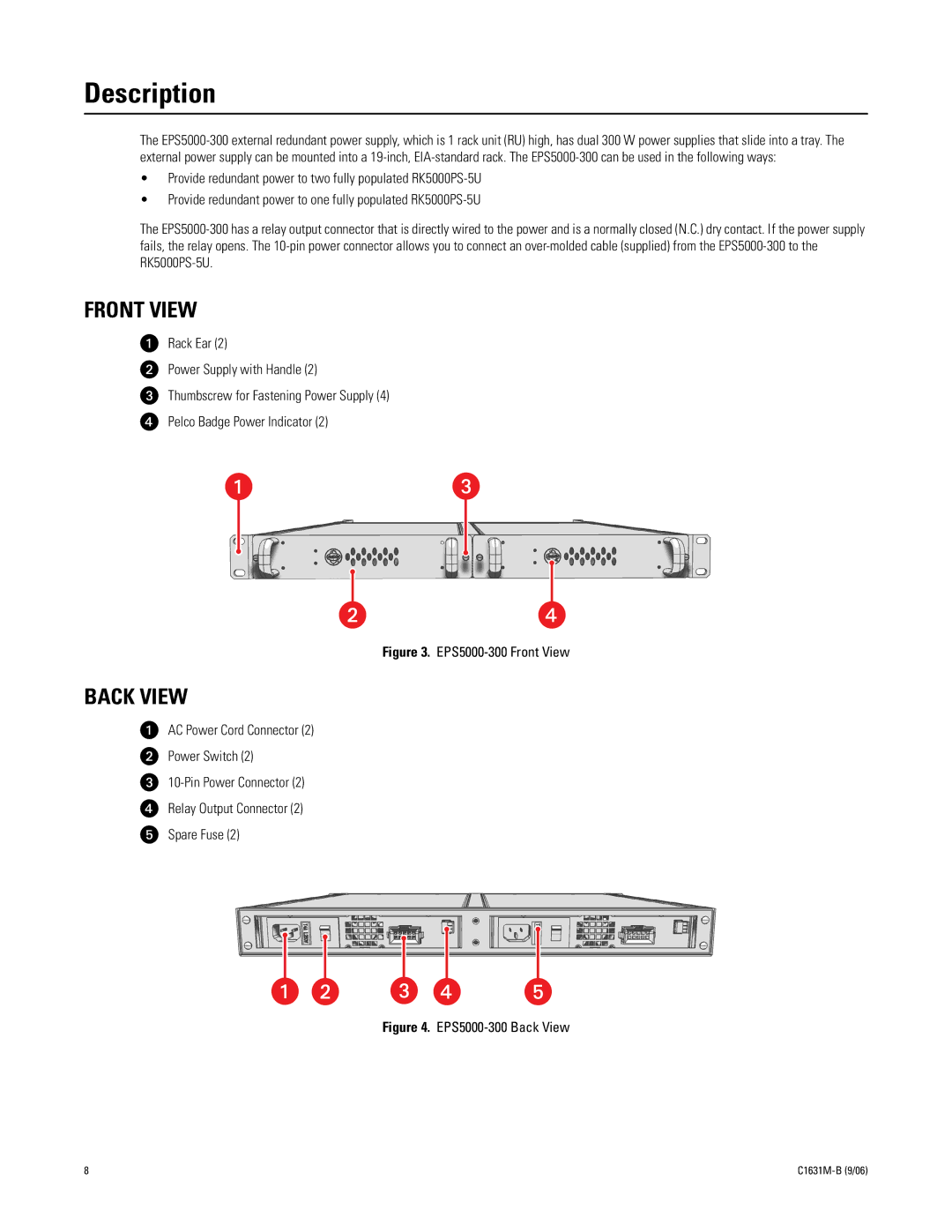 Pelco EPS5000-300 manual Description, Front View, Back View 