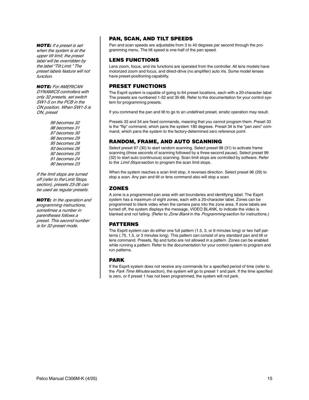 Pelco es3012 PAN, SCAN, and Tilt Speeds, Lens Functions, Preset Functions, RANDOM, FRAME, and Auto Scanning, Zones, Park 