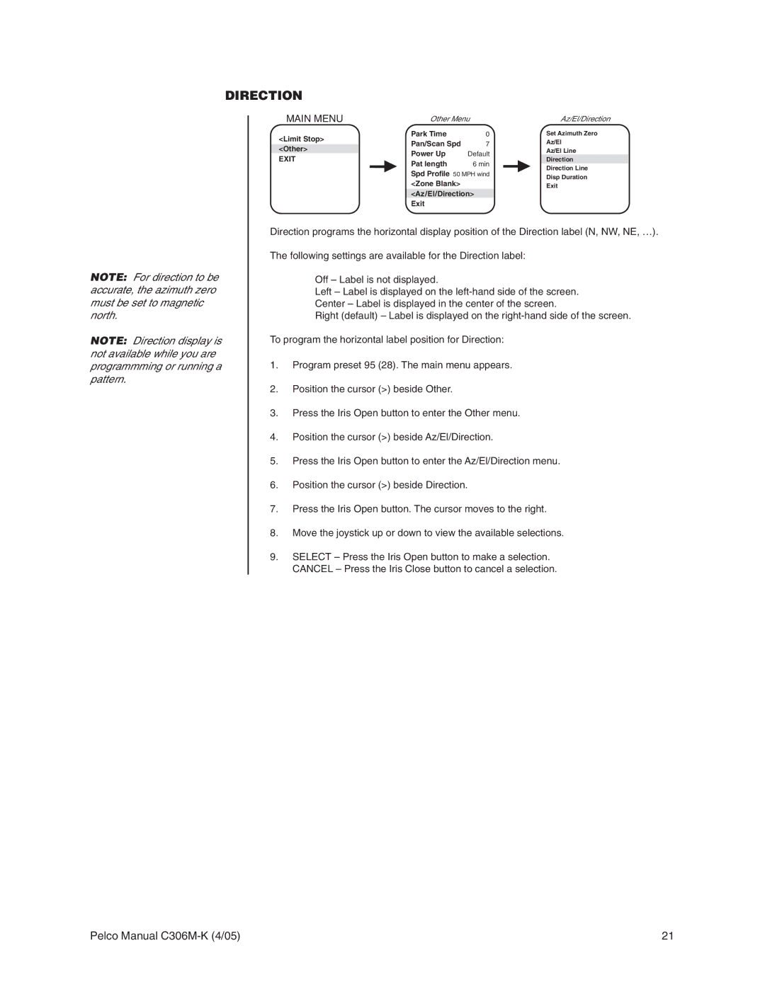 Pelco es3012 installation manual Direction 