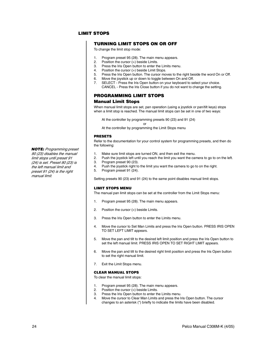 Pelco es3012 installation manual Limit Stops Turning Limit Stops on or OFF, Programming Limit Stops 