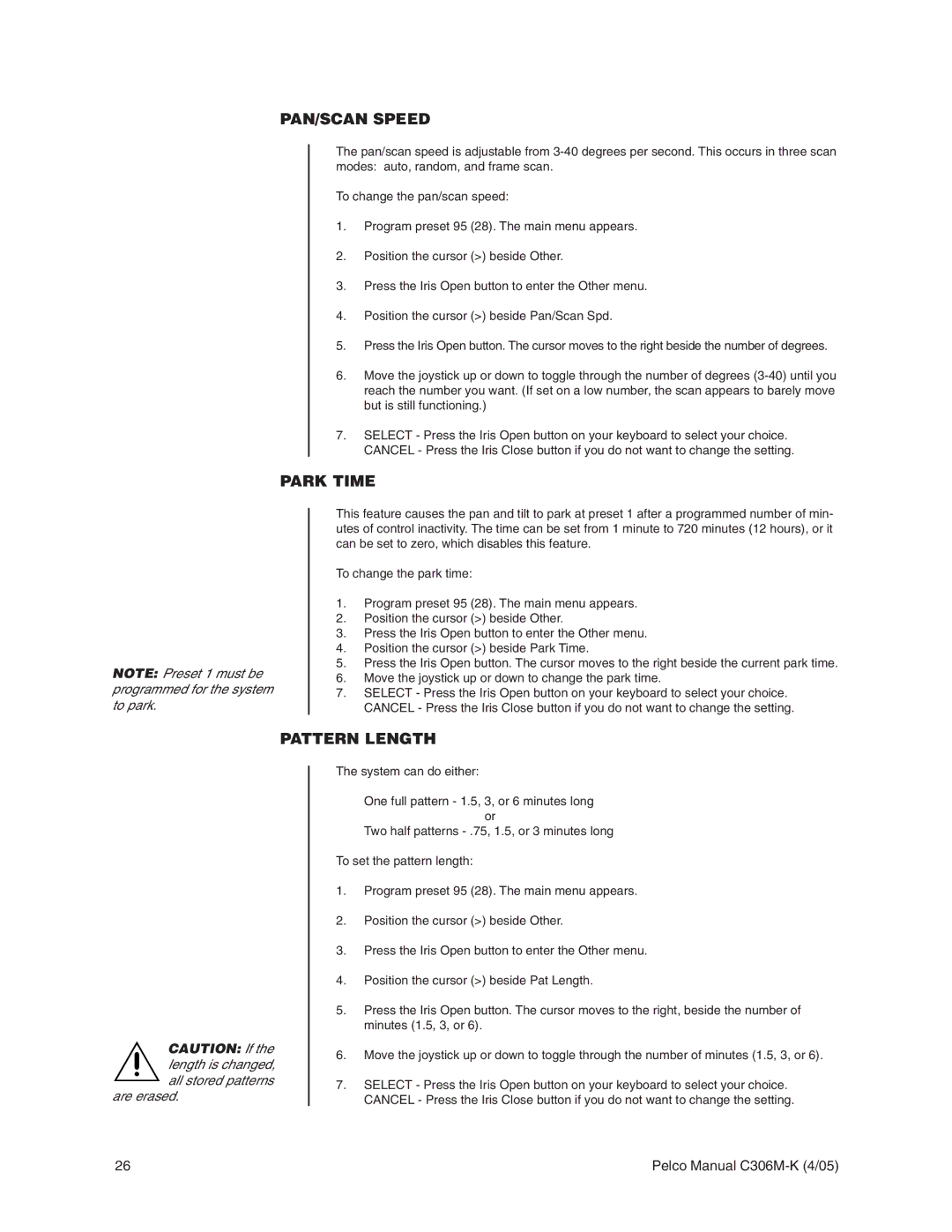 Pelco es3012 installation manual PAN/SCAN Speed, Park Time, Pattern Length 