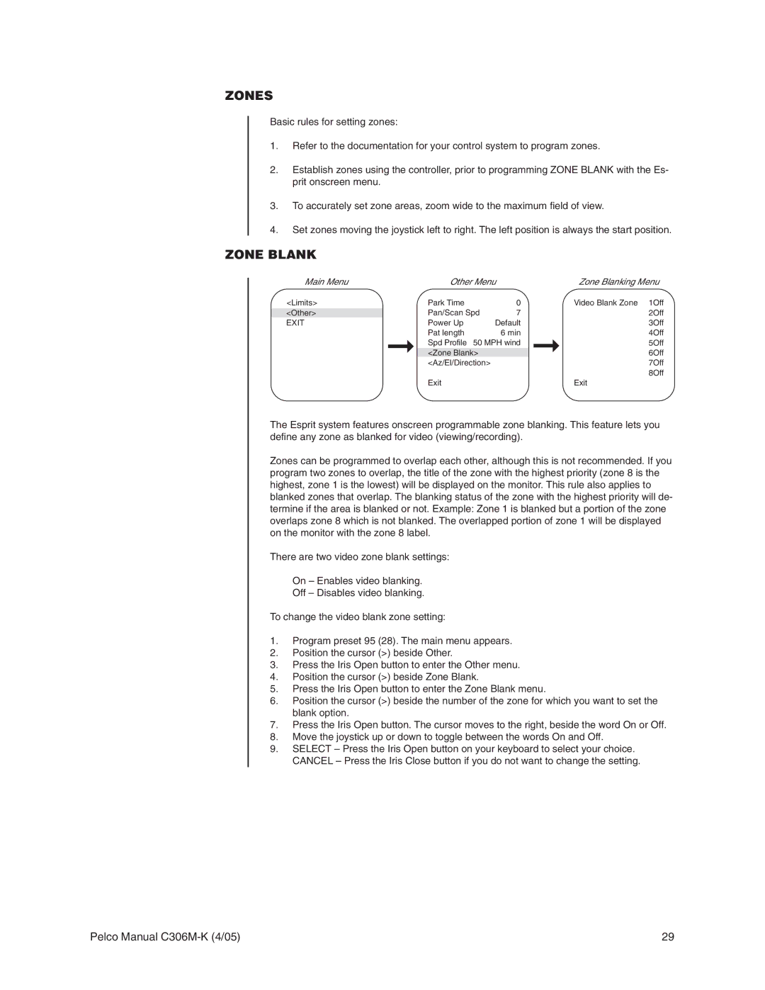 Pelco es3012 installation manual Zone Blank, Other Menu 