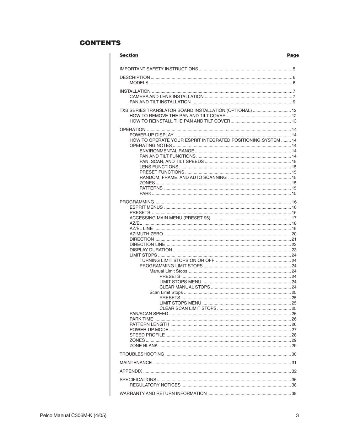 Pelco es3012 installation manual Contents 