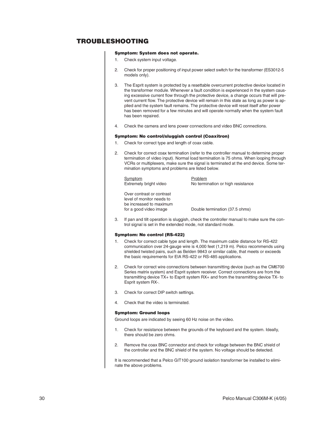 Pelco es3012 Troubleshooting, Symptom System does not operate, Symptom No control/sluggish control Coaxitron 