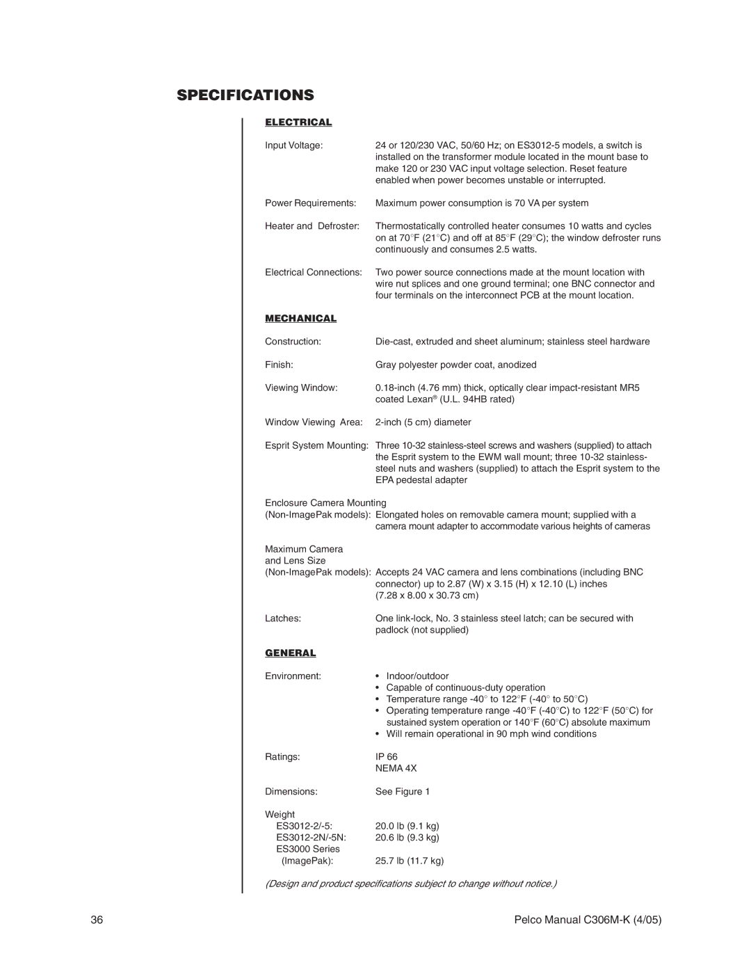 Pelco es3012 installation manual Specifications, Electrical 