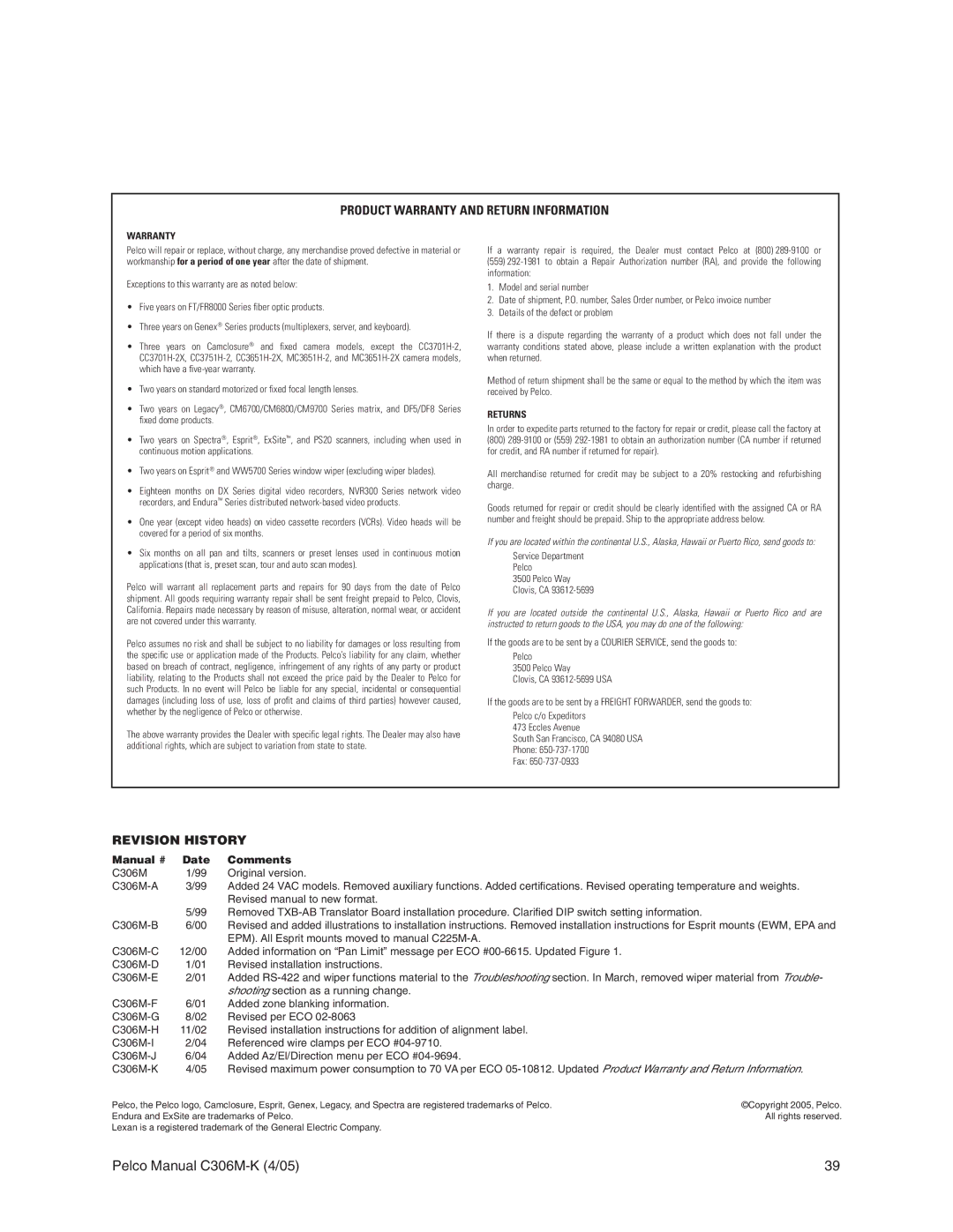 Pelco es3012 installation manual Product Warranty and Return Information 