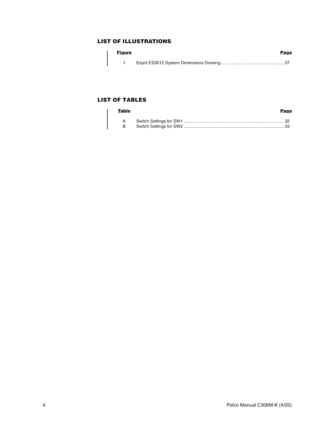 Pelco es3012 installation manual List of Illustrations, List of Tables, Esprit ES3012 System Dimensions Drawing 