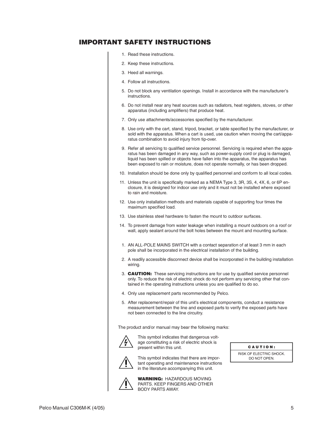 Pelco es3012 installation manual Important Safety Instructions 