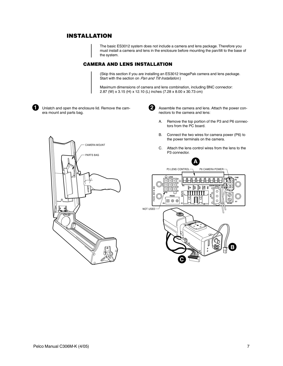 Pelco es3012 installation manual Camera and Lens Installation 