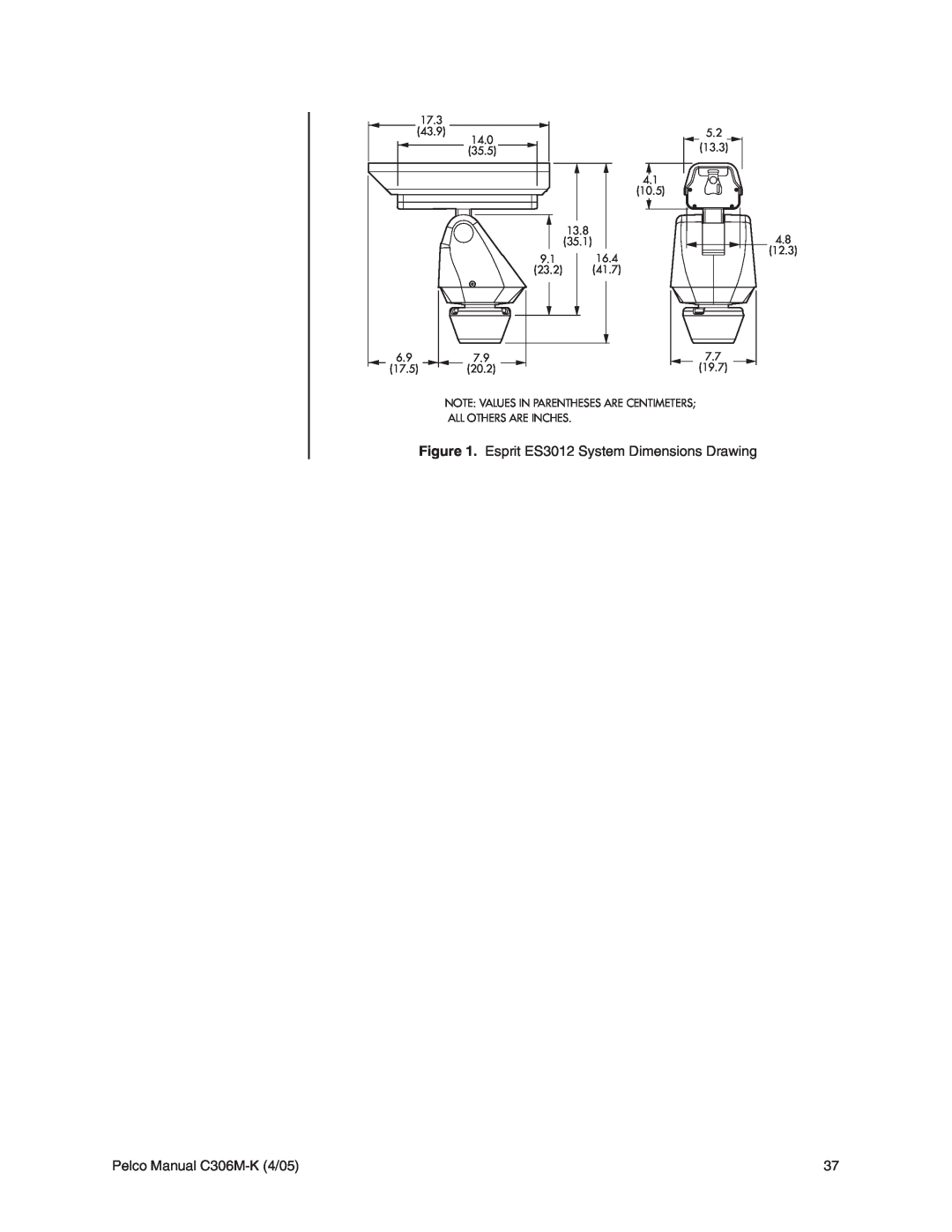 Pelco es3012 installation manual Esprit ES3012 System Dimensions Drawing, Pelco Manual C306M-K4/05 