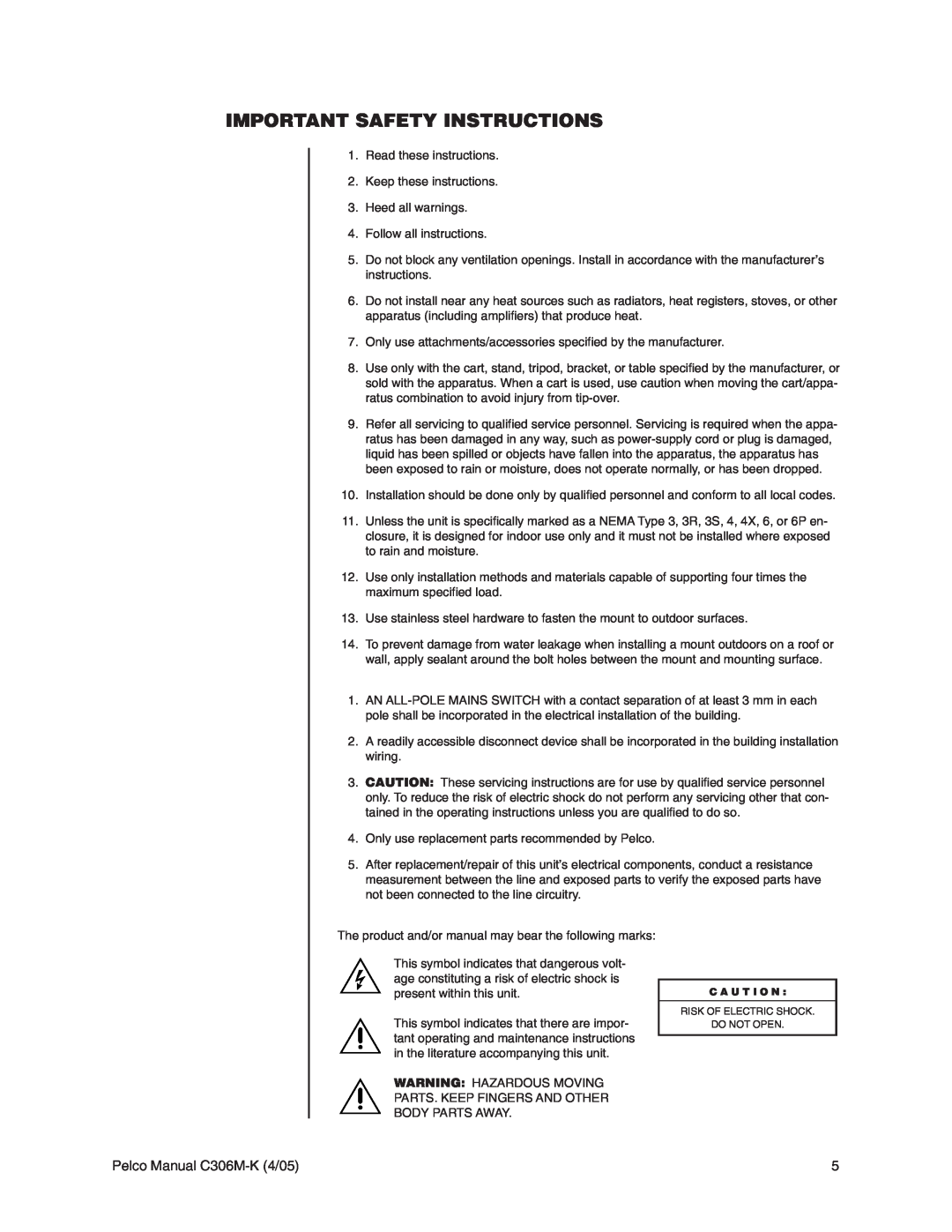 Pelco es3012 installation manual Important Safety Instructions, Pelco Manual C306M-K4/05 