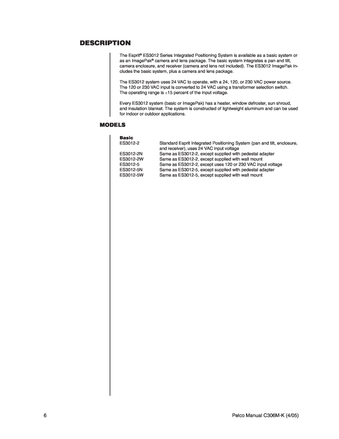 Pelco es3012 installation manual Description, Models, Basic 